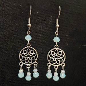 Antique silver dreamcatcher and green/white glass crystal chandelier earrings